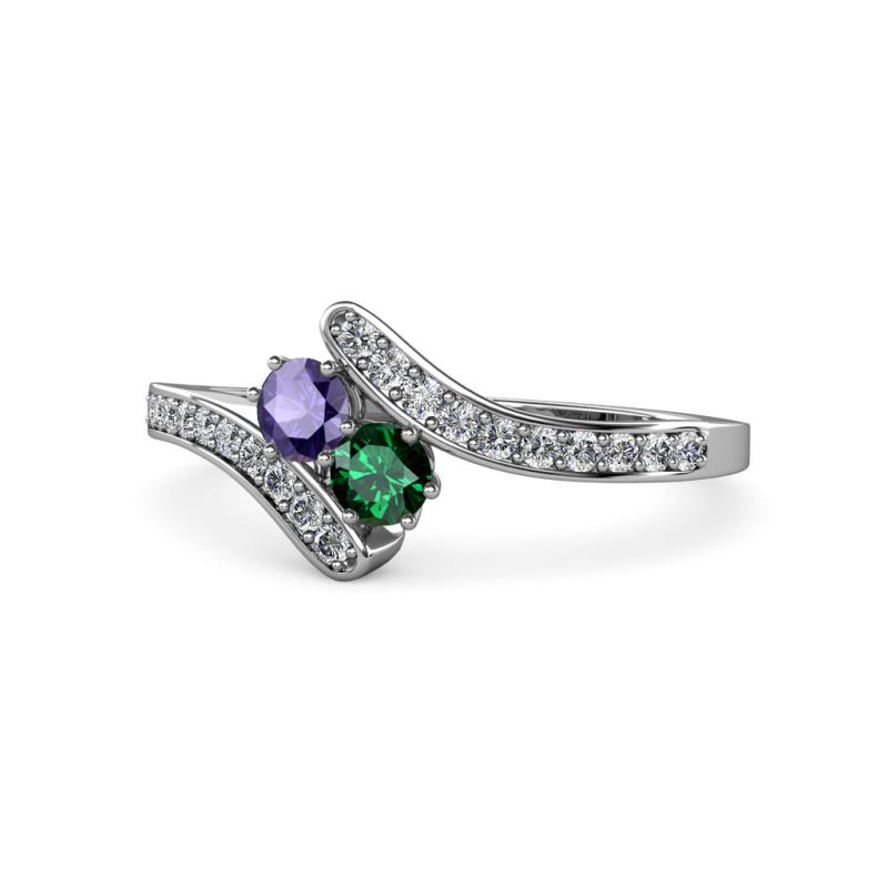 Eleni Iolite and Emerald with Side Diamonds Bypass Ring 