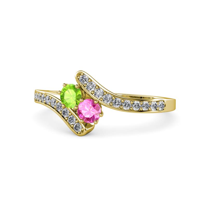 Eleni Peridot and Pink Sapphire with Side Diamonds Bypass Ring 