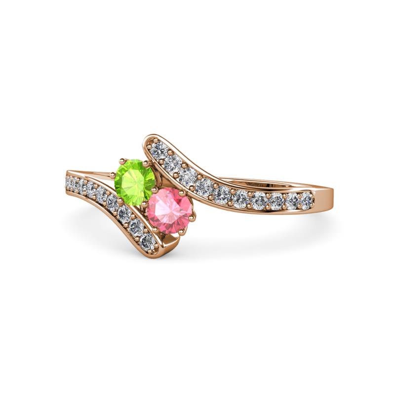 Eleni Peridot and Pink Tourmaline with Side Diamonds Bypass Ring 