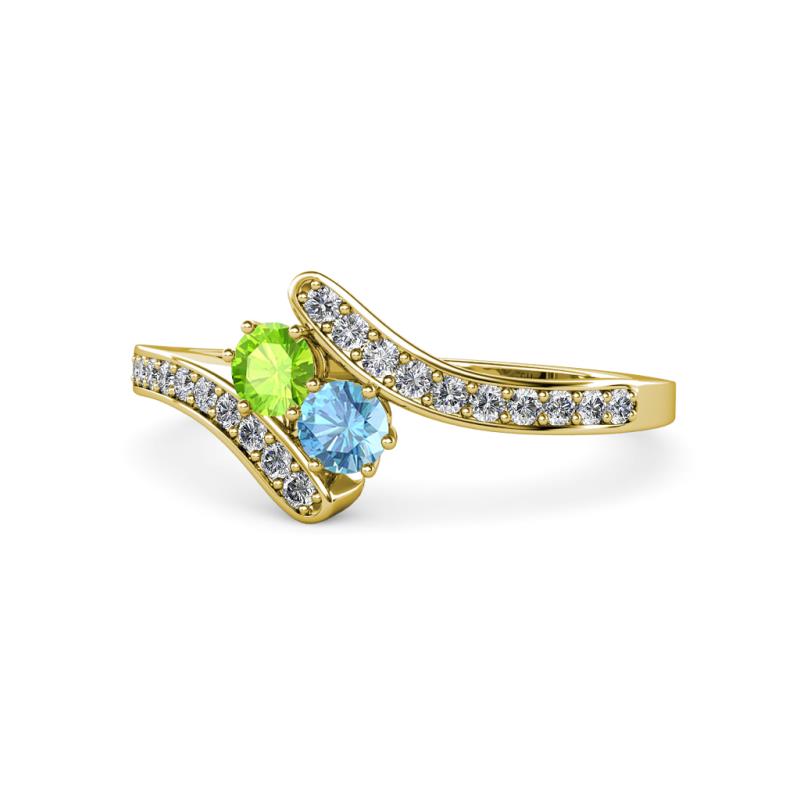 Eleni Peridot and Blue Topaz with Side Diamonds Bypass Ring 