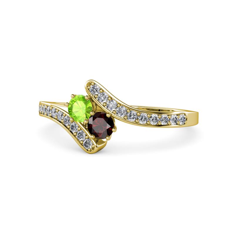 Eleni Peridot and Red Garnet with Side Diamonds Bypass Ring 