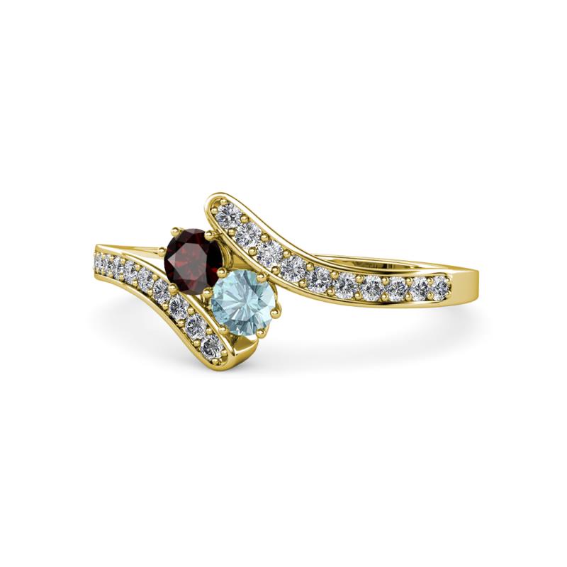 Eleni Red Garnet and Aquamarine with Side Diamonds Bypass Ring 
