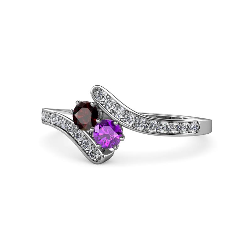 Eleni Red Garnet and Amethyst with Side Diamonds Bypass Ring 