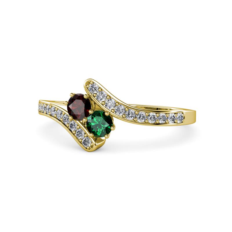 Eleni Red Garnet and Emerald with Side Diamonds Bypass Ring 
