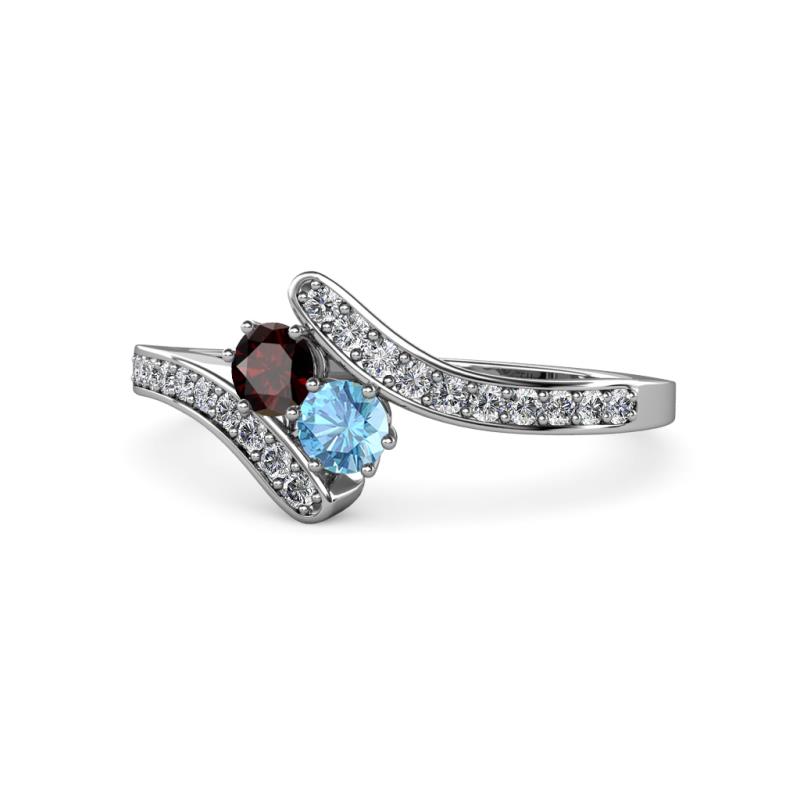 Eleni Red Garnet and Blue Topaz with Side Diamonds Bypass Ring 