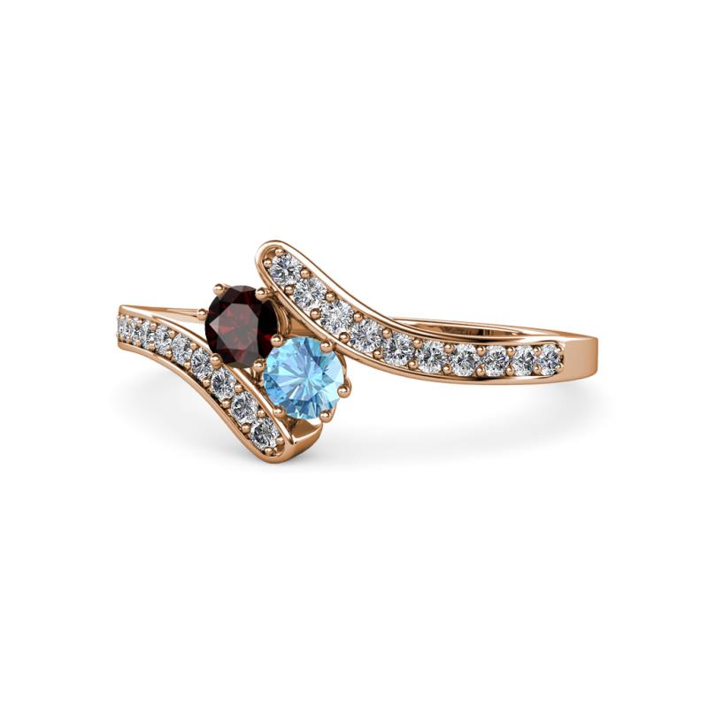 Eleni Red Garnet and Blue Topaz with Side Diamonds Bypass Ring 