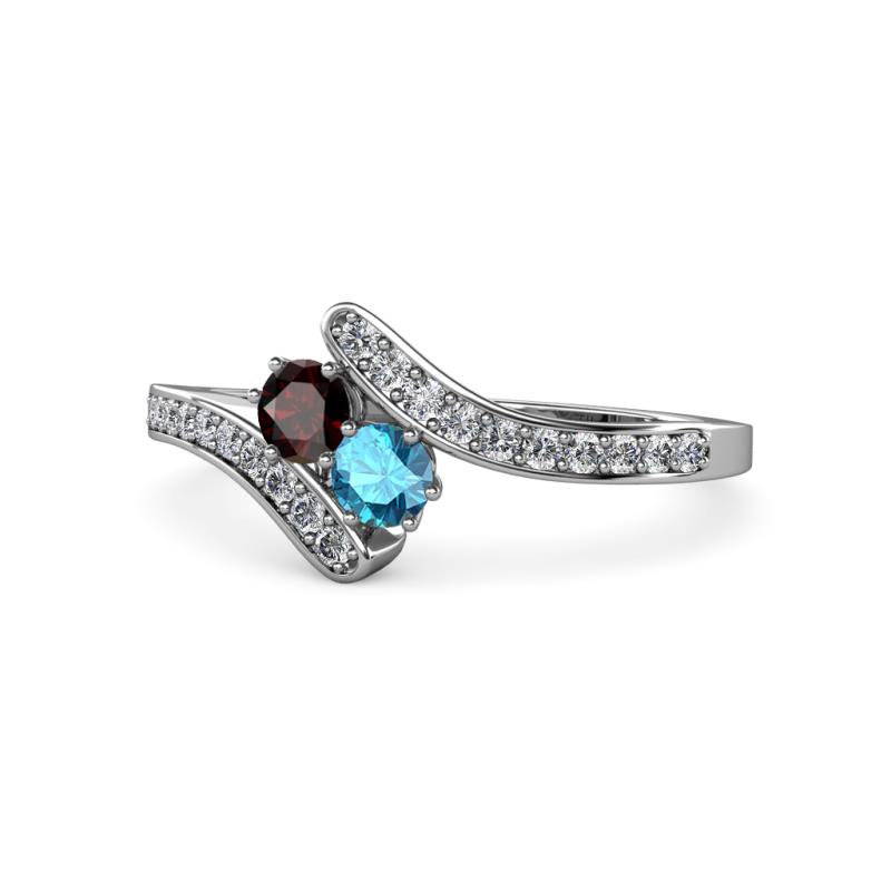 Eleni Red Garnet and London Blue Topaz with Side Diamonds Bypass Ring 