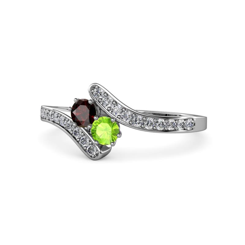 Eleni Red Garnet and Peridot with Side Diamonds Bypass Ring 