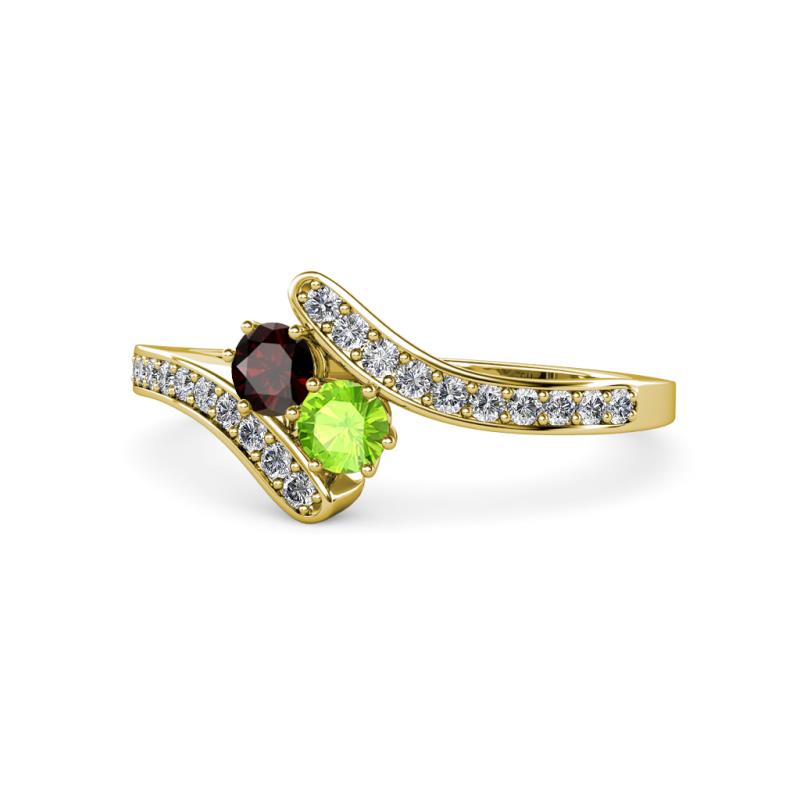 Eleni Red Garnet and Peridot with Side Diamonds Bypass Ring 