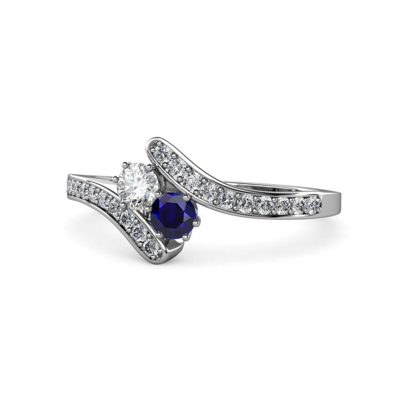 Eleni Round Diamond and Blue Sapphire with Side Diamonds Bypass Ring 