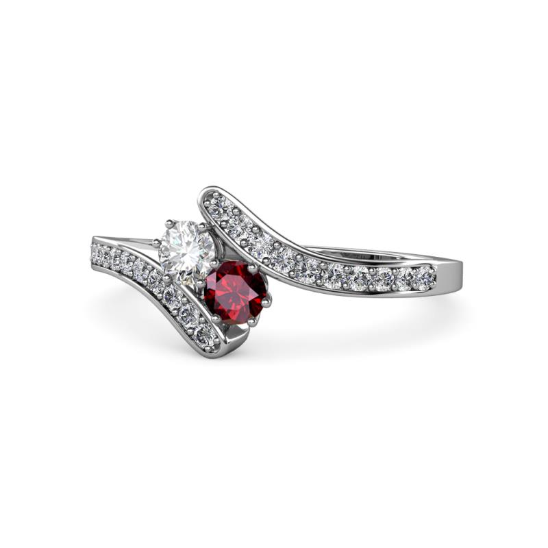 Eleni Round Diamond and Ruby with Side Diamonds Bypass Ring 