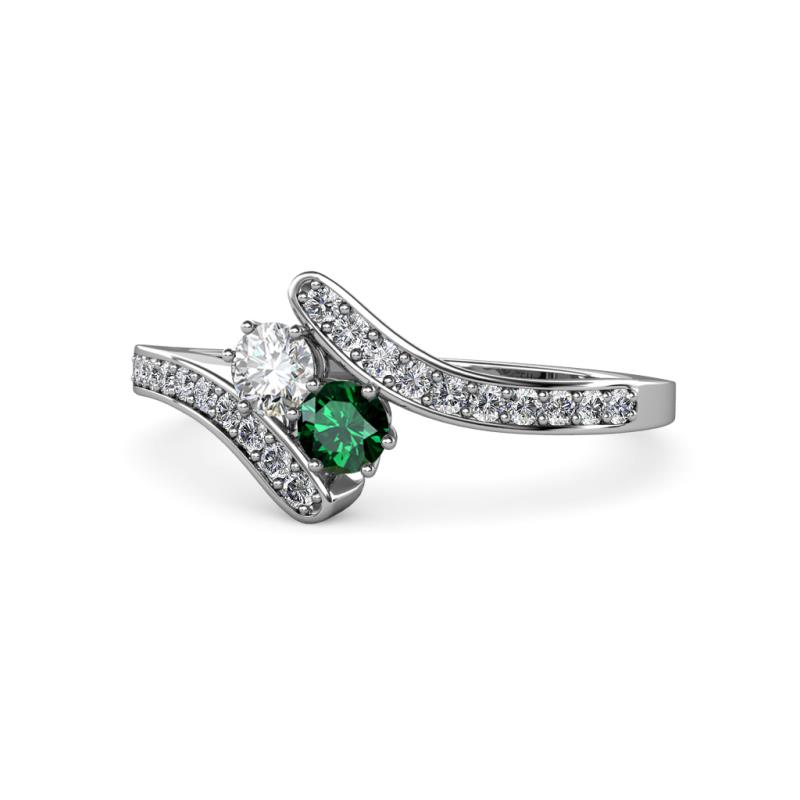 Eleni Round Diamond and Emerald with Side Diamonds Bypass Ring 