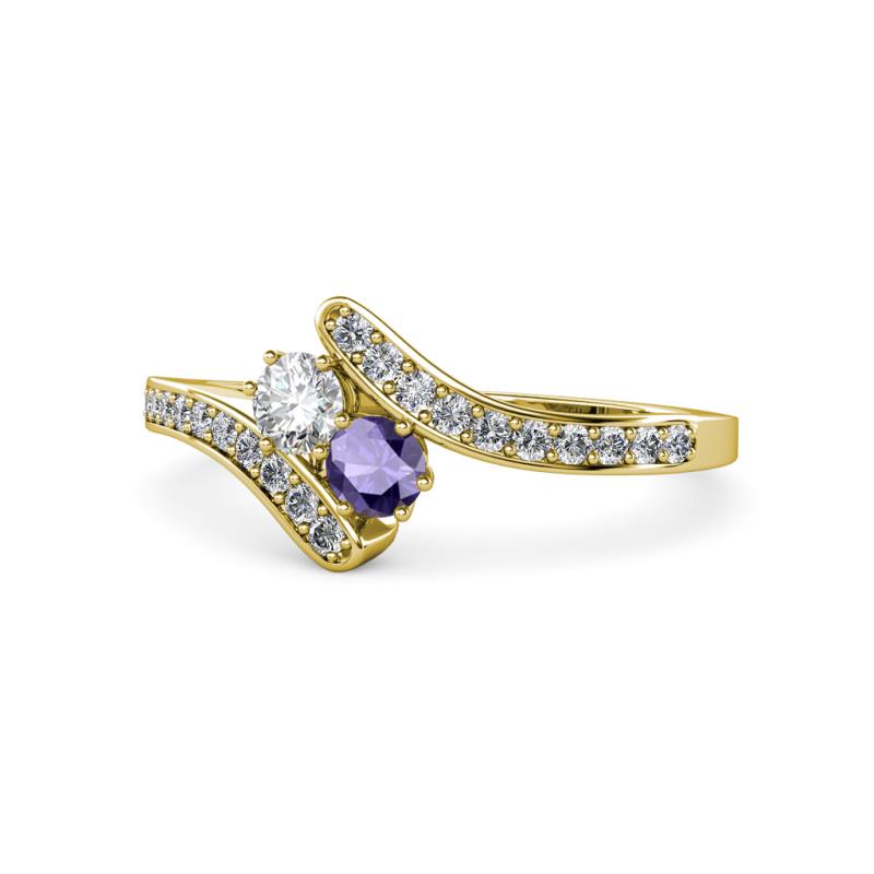Eleni Round Diamond and Iolite with Side Diamonds Bypass Ring 
