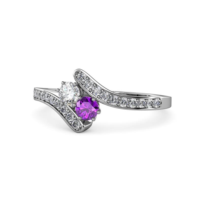 Eleni Round Diamond and Amethyst with Side Diamonds Bypass Ring 