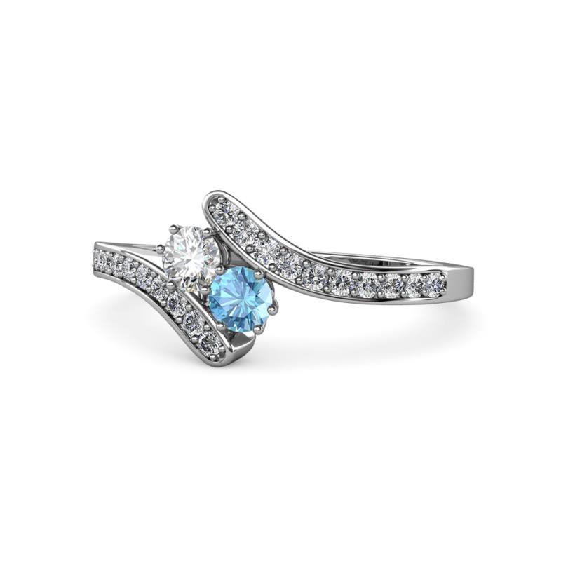 Eleni Round Diamond and Blue Topaz with Side Diamonds Bypass Ring 