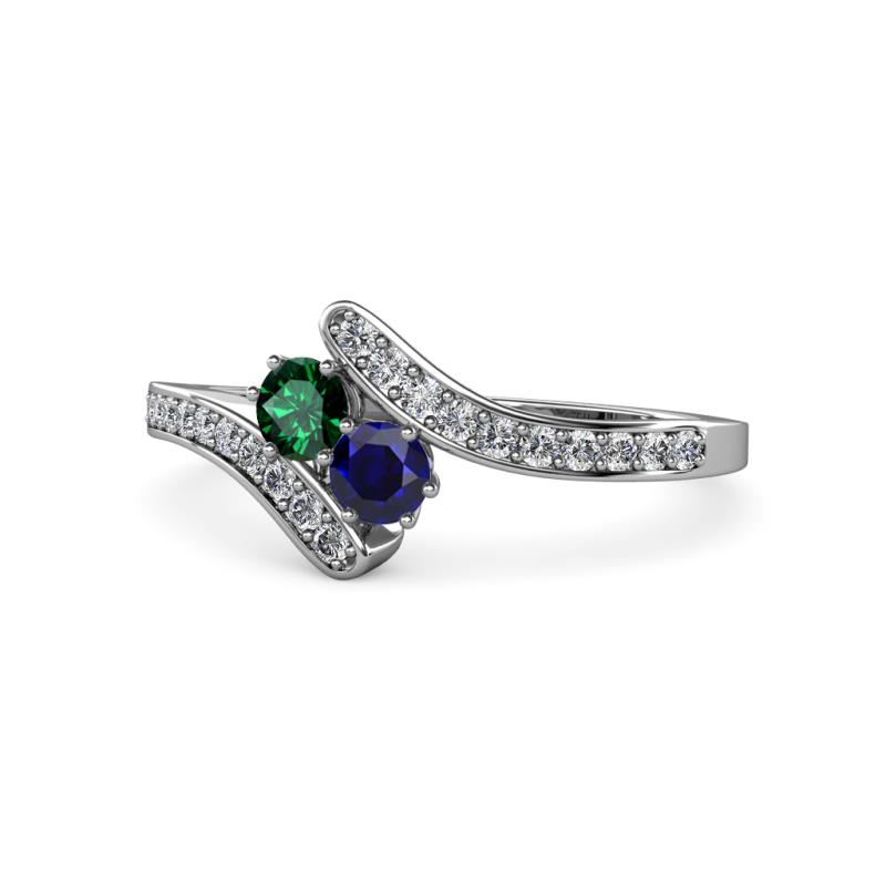 Eleni Emerald and Blue Sapphire with Side Diamonds Bypass Ring 