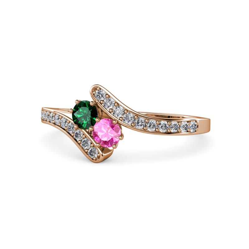 Eleni Emerald and Pink Sapphire with Side Diamonds Bypass Ring 