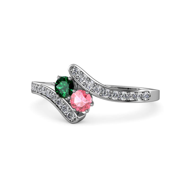 Eleni Emerald and Pink Tourmaline with Side Diamonds Bypass Ring 