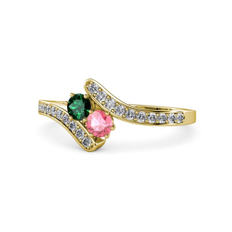 Eleni Emerald and Pink Tourmaline with Side Diamonds Bypass Ring 