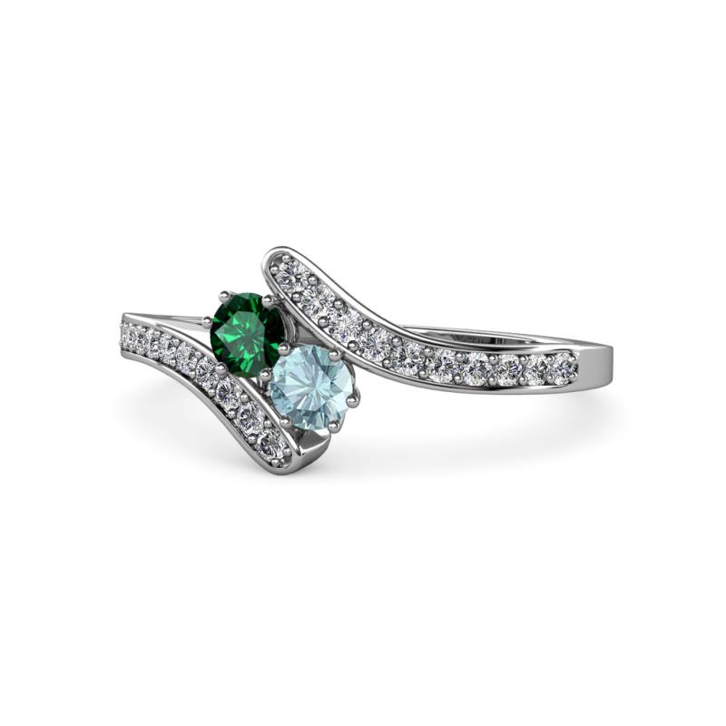 Eleni Emerald and Aquamarine with Side Diamonds Bypass Ring 