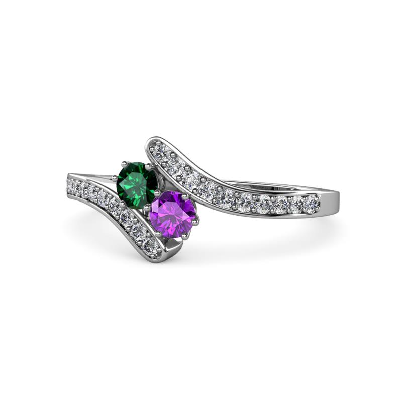 Eleni Emerald and Amethyst with Side Diamonds Bypass Ring 