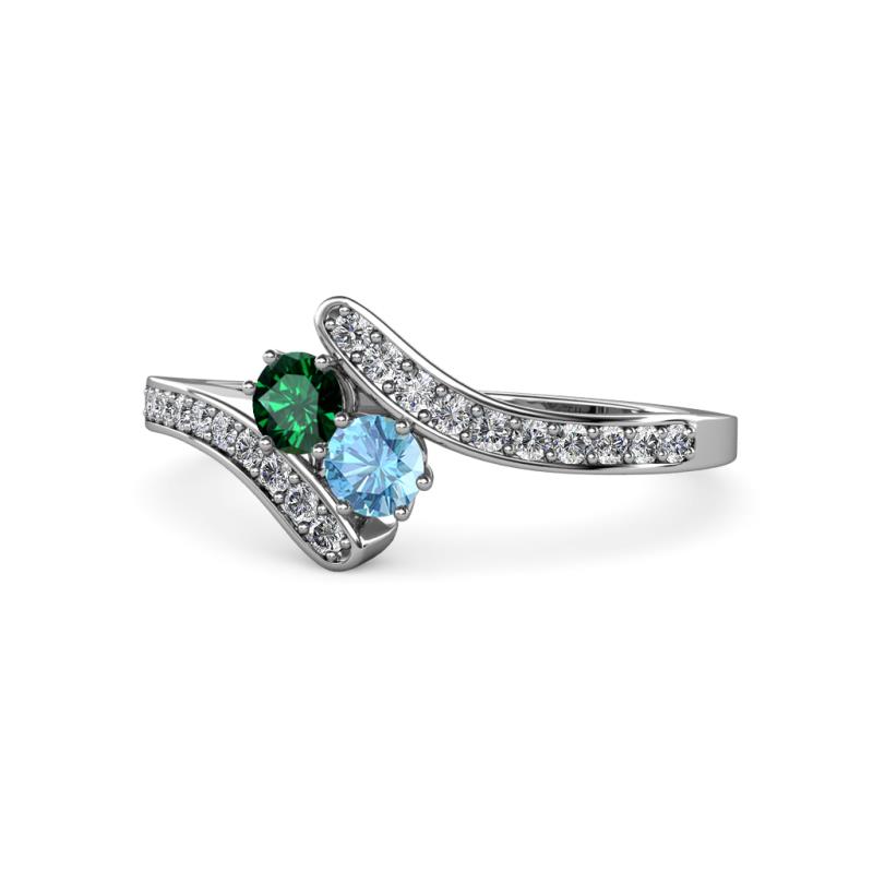 Eleni Emerald and Blue Topaz with Side Diamonds Bypass Ring 