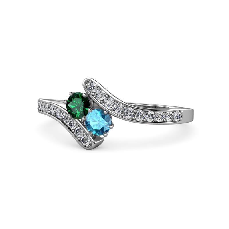 Eleni Emerald and London Blue Topaz with Side Diamonds Bypass Ring 