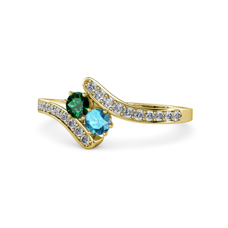 Eleni Emerald and London Blue Topaz with Side Diamonds Bypass Ring 