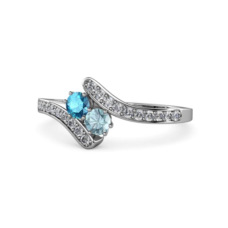 Eleni London Blue Topaz and Aquamarine with Side Diamonds Bypass Ring 
