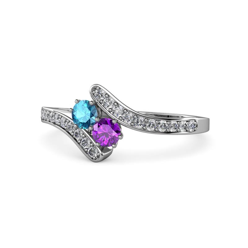 Eleni London Blue Topaz and Amethyst with Side Diamonds Bypass Ring 
