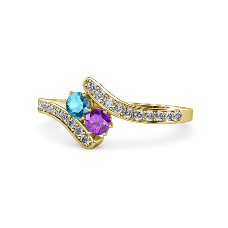 Eleni London Blue Topaz and Amethyst with Side Diamonds Bypass Ring 