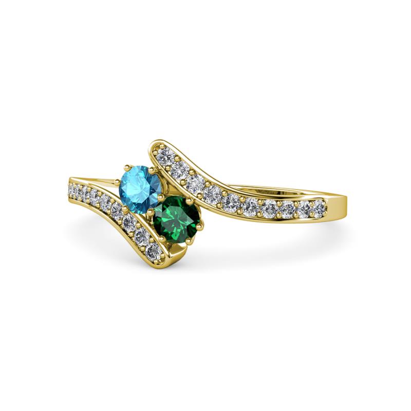 Eleni London Blue Topaz and Emerald with Side Diamonds Bypass Ring 