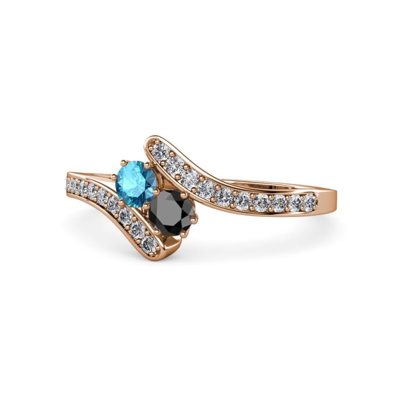 Eleni London Blue Topaz and Black Diamond with Side Diamonds Bypass Ring 