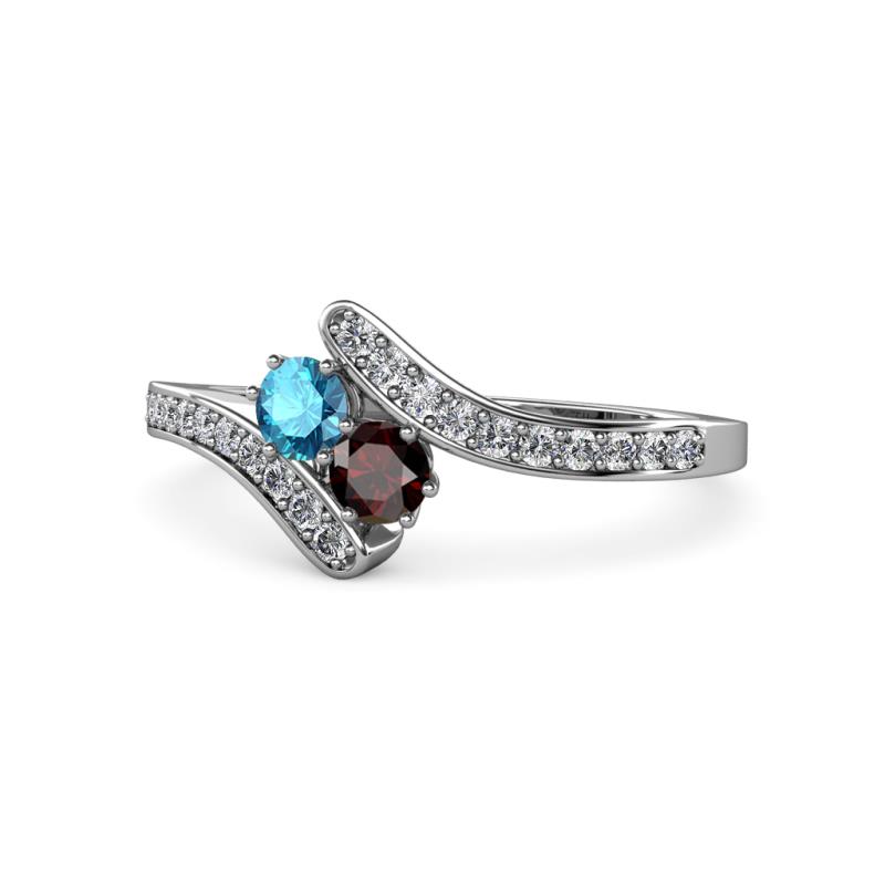 Eleni London Blue Topaz and Red Garnet with Side Diamonds Bypass Ring 