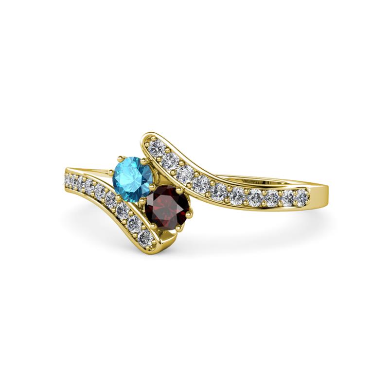 Eleni London Blue Topaz and Red Garnet with Side Diamonds Bypass Ring 