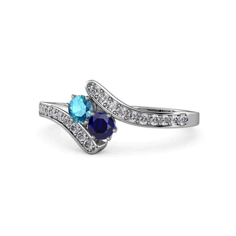 Eleni London Blue Topaz and Blue Sapphire with Side Diamonds Bypass Ring 