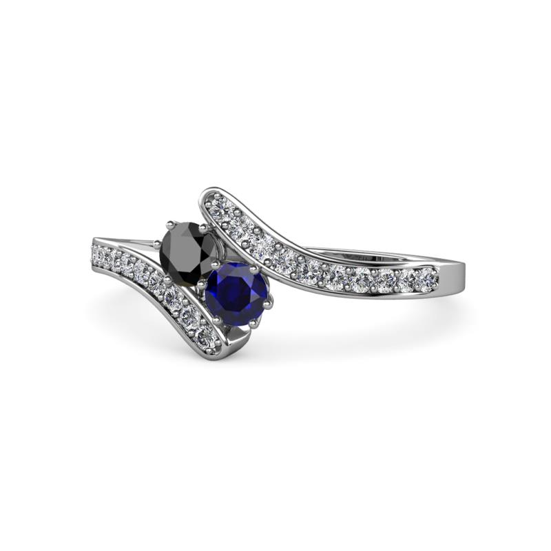 Eleni Black Diamond and Blue Sapphire with Side Diamonds Bypass Ring 