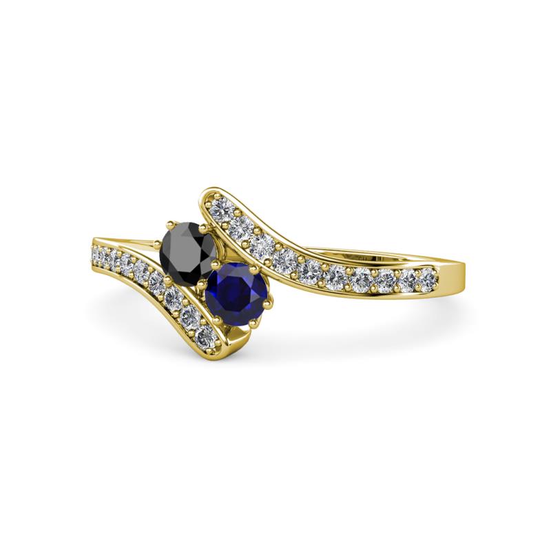 Eleni Black Diamond and Blue Sapphire with Side Diamonds Bypass Ring 