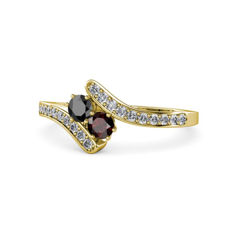 Eleni Black Diamond and Red Garnet with Side Diamonds Bypass Ring 