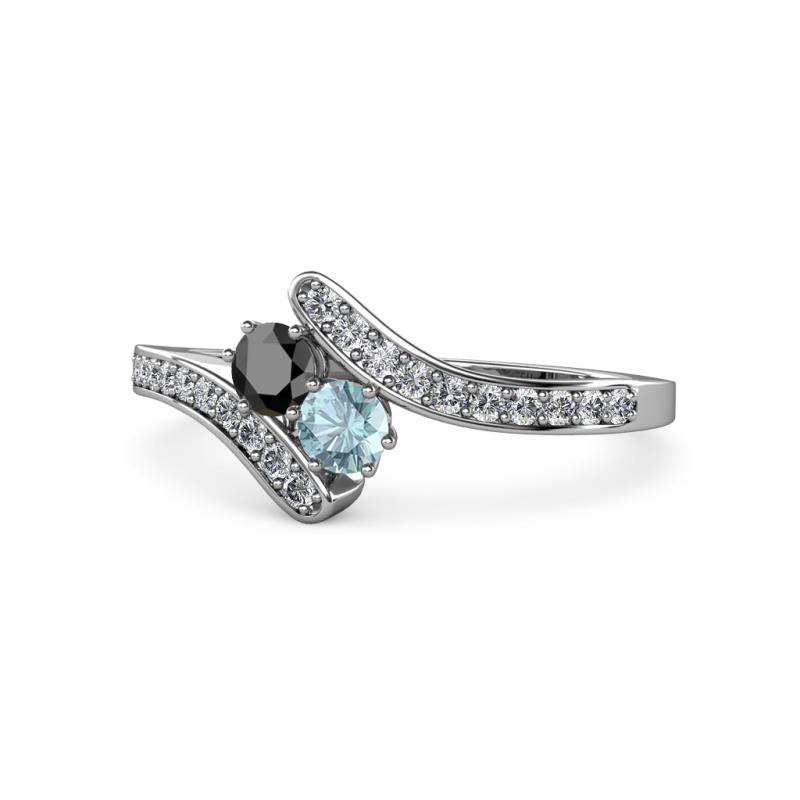 Eleni Black Diamond and Aquamarine with Side Diamonds Bypass Ring 