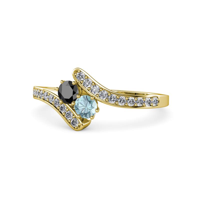 Eleni Black Diamond and Aquamarine with Side Diamonds Bypass Ring 
