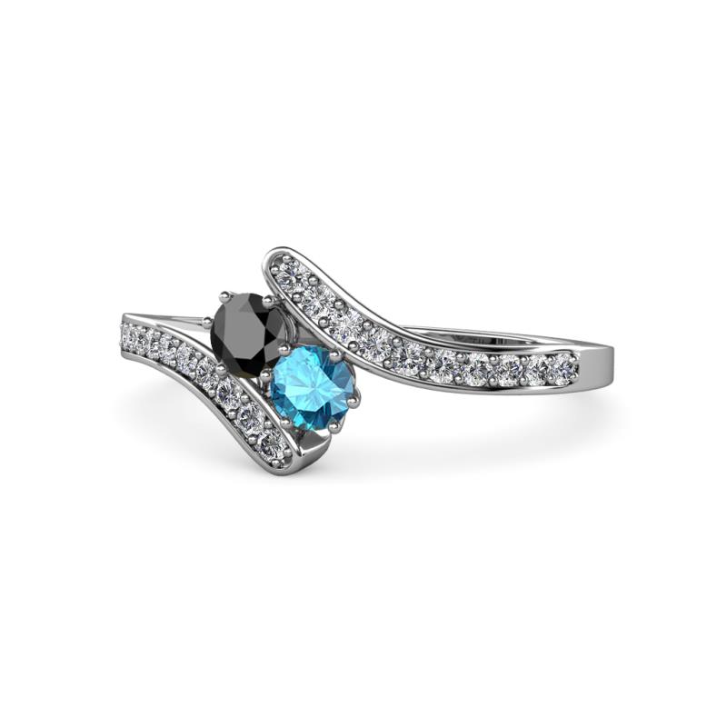 Eleni Black Diamond and London Blue Topaz with Side Diamonds Bypass Ring 