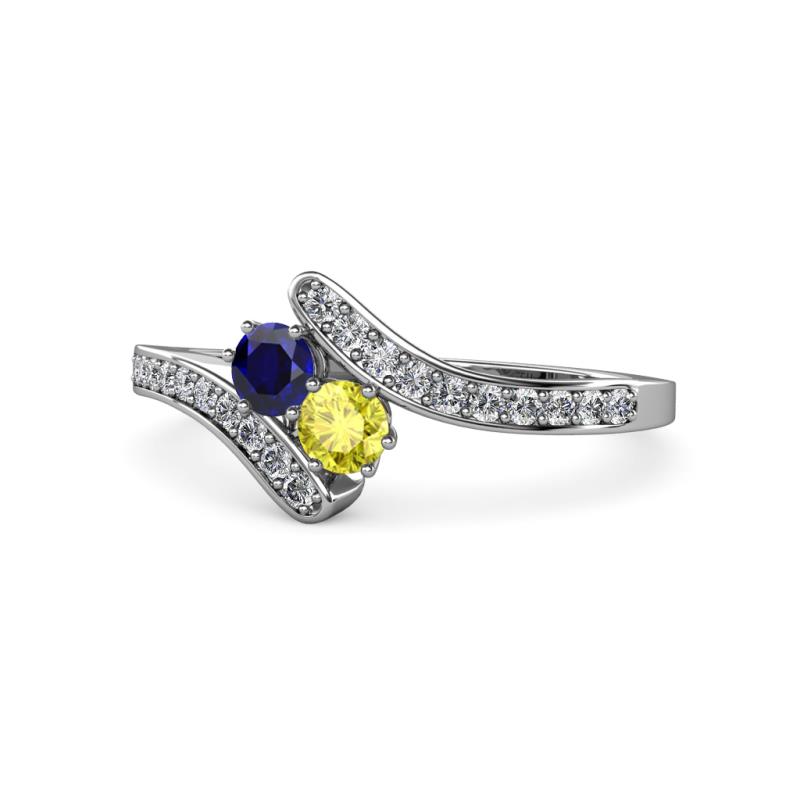 Eleni Blue Sapphire and Yellow Diamond with Side Diamonds Bypass Ring 