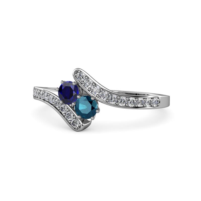 Eleni Blue Sapphire and Blue Diamond with Side Diamonds Bypass Ring 