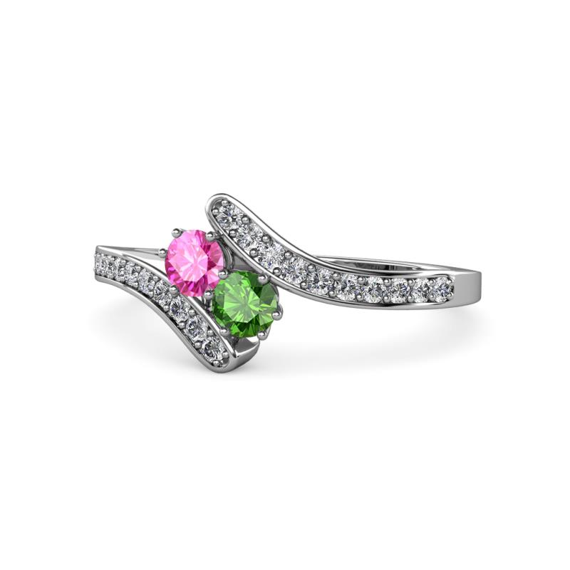 Eleni Pink Sapphire and Green Garnet with Side Diamonds Bypass Ring 