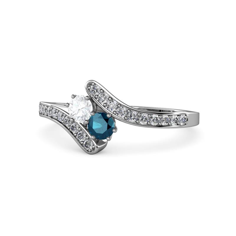 Eleni White Sapphire and Blue Diamond with Side Diamonds Bypass Ring 