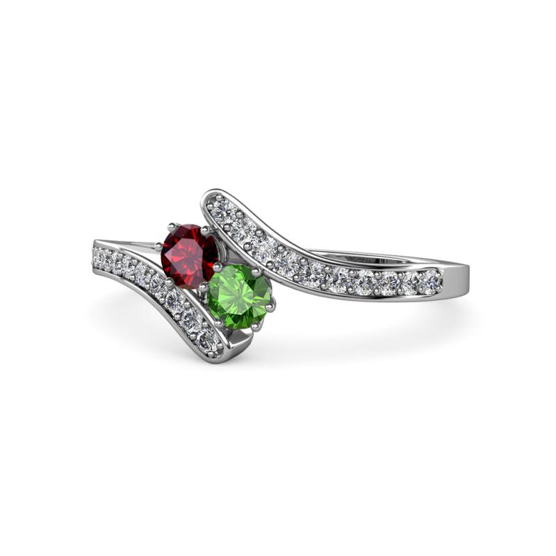 Eleni Ruby and Green Garnet with Side Diamonds Bypass Ring 