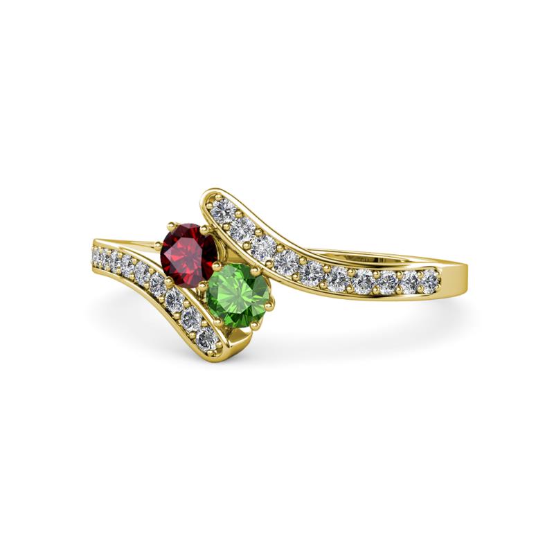 Eleni Ruby and Green Garnet with Side Diamonds Bypass Ring 
