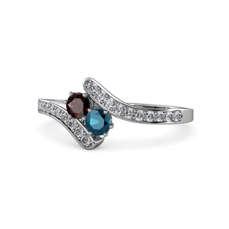Eleni Red Garnet and Blue Diamond with Side Diamonds Bypass Ring 