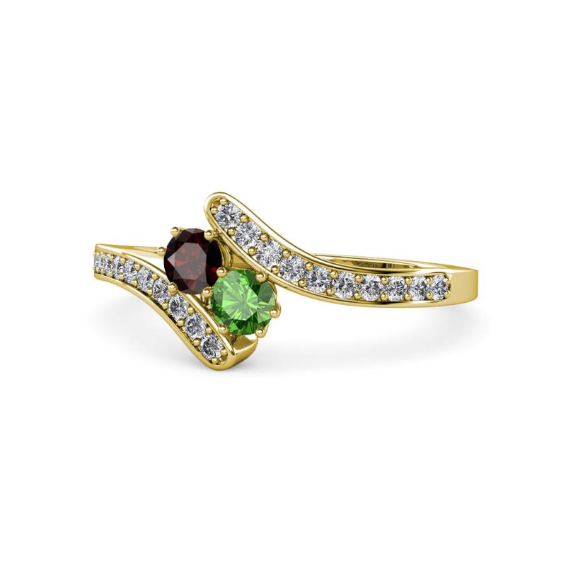 Eleni Red and Green Garnet with Side Diamonds Bypass Ring 